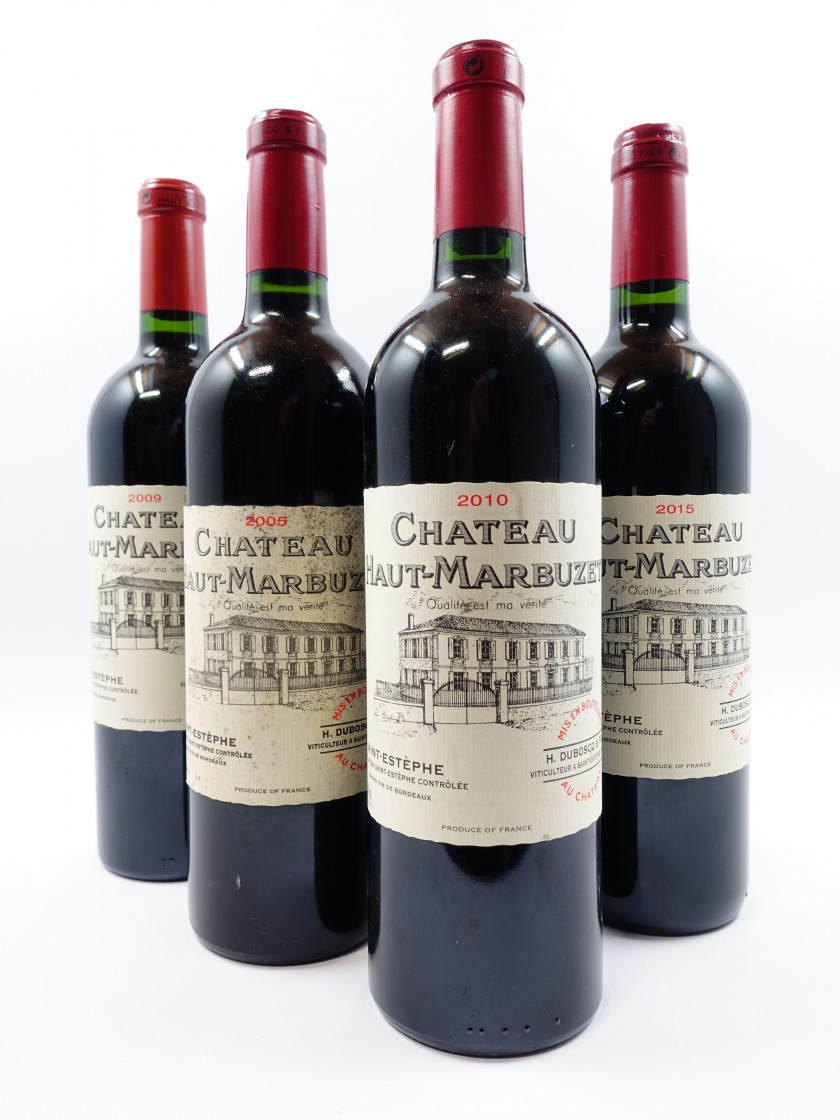 10 bouteilles 6 bts : CHÂTEAU HAUT MARBUZET 2009 Saint Estèphe (étiquettes fanées)