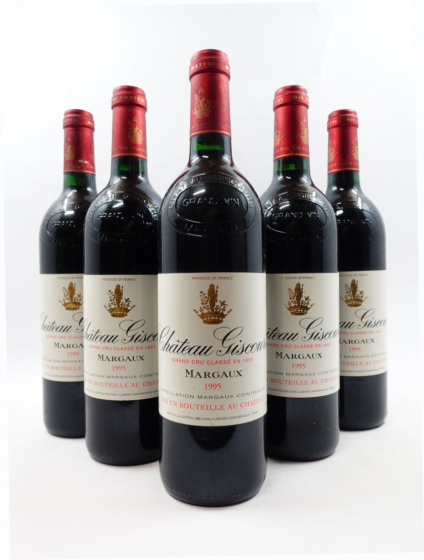 5 bouteilles CHÂTEAU GISCOURS 1995 3è GC Margaux (étiquettes léger tachées)
