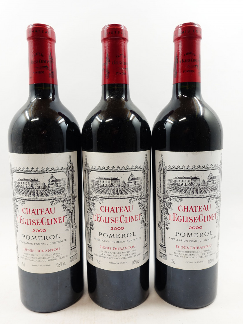 3 bouteilles CHÂTEAU L'EGLISE CLINET 2000 Pomerol (étiquettes léger tachées)