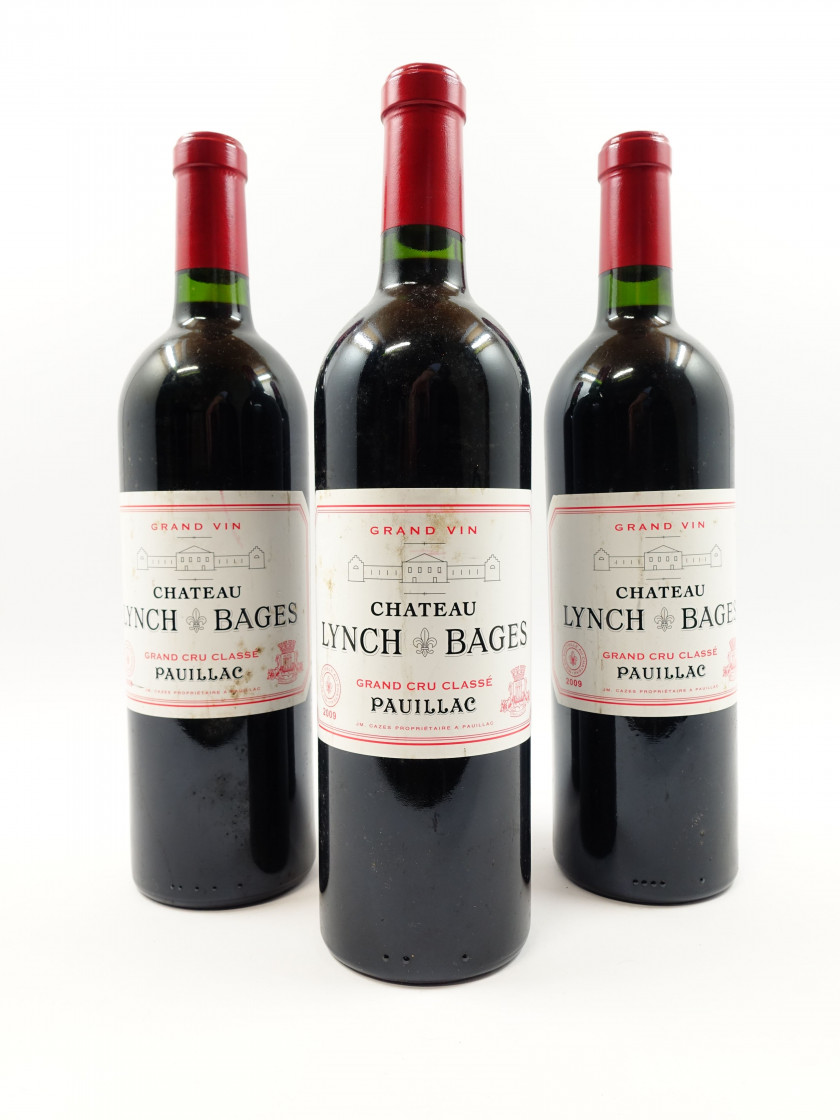 3 bouteilles CHÂTEAU LYNCH BAGES 2009 5è GC Pauillac (étiquettes tachées)