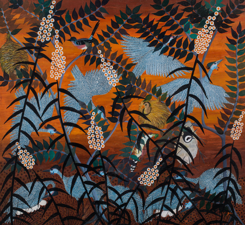 Pilipili MULONGOY 1914-2007 - Congo Oiseaux Huile sur toile