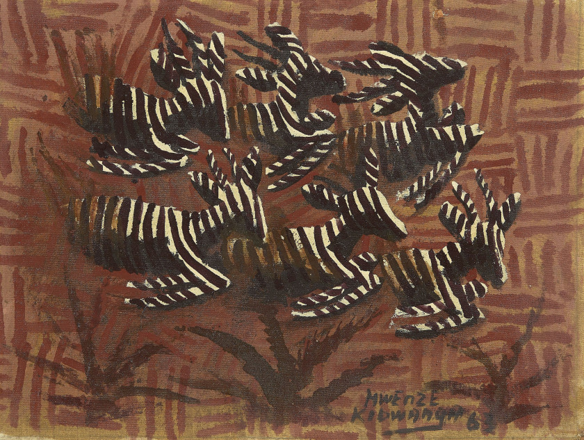 Mwenze KIBWANGA 1925-1999 - Congo Six antilopes, 1963 Huile sur toile marouflée sur panneau d'Isorel