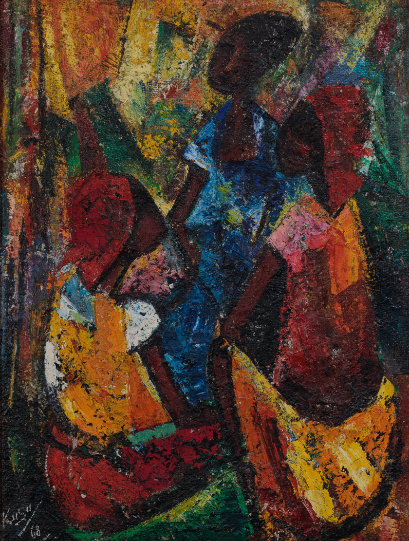 Nkusu FELELO né en 1914 - Congo Sans titre, 1968 Huile sur toile marouflée sur panneau