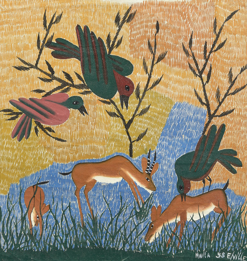 MWILA Congo Oiseaux et antilopes, 1958 Huile sur toile