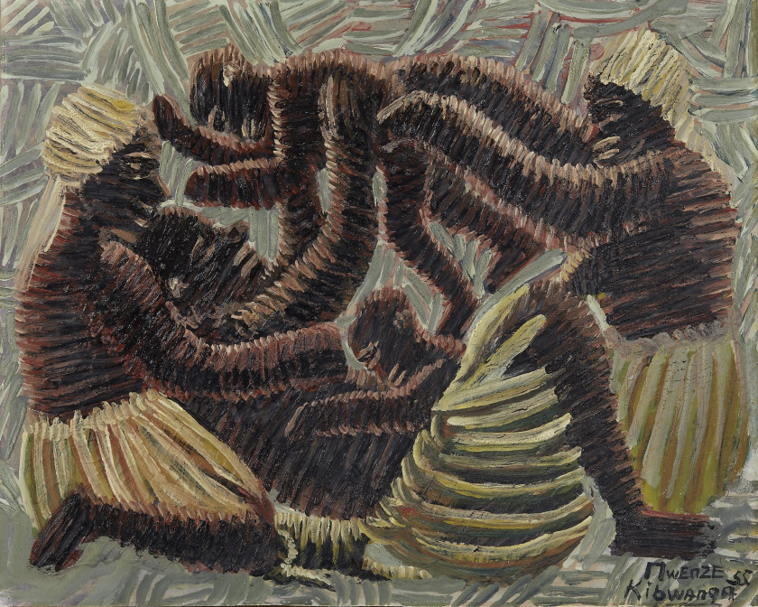 Mwenze KIBWANGA 1925-1999 - Congo Scène congolaise, 1955 Huile sur papier marouflé sur panneau d'Isorel