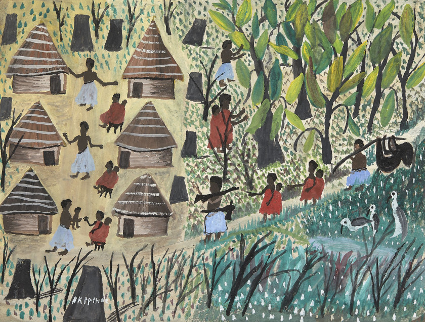 A. KIPINDE Congo Le retour de la chasse Gouache sur carton