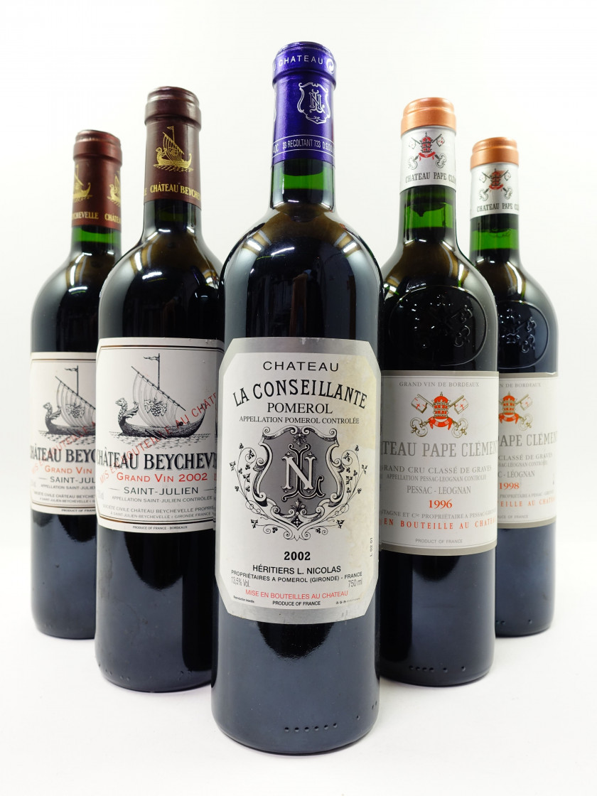5 bouteilles 1 bt : CHÂTEAU BEYCHEVELLE 1998 4è GC Saint Julien (étiquette tachée)