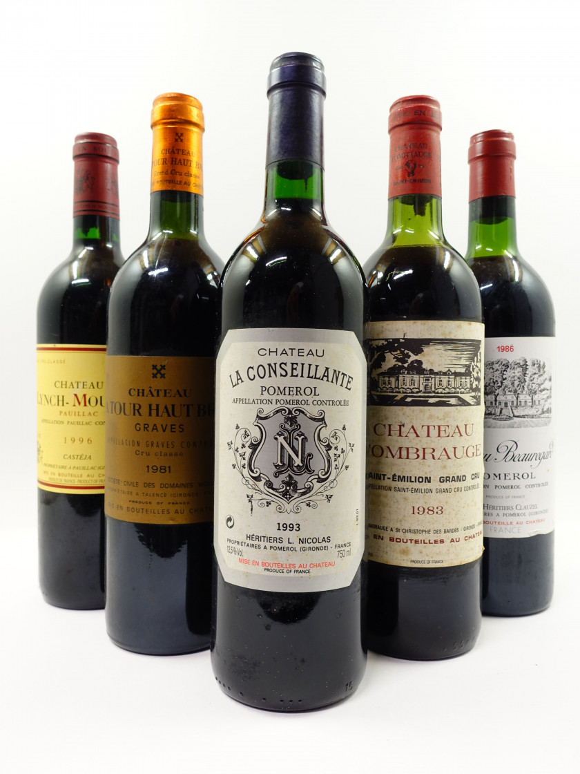 5 bouteilles 1 bt : CHÂTEAU LYNCH MOUSSAS 1996 5è GC Pauillac (étiquettes fanées)
