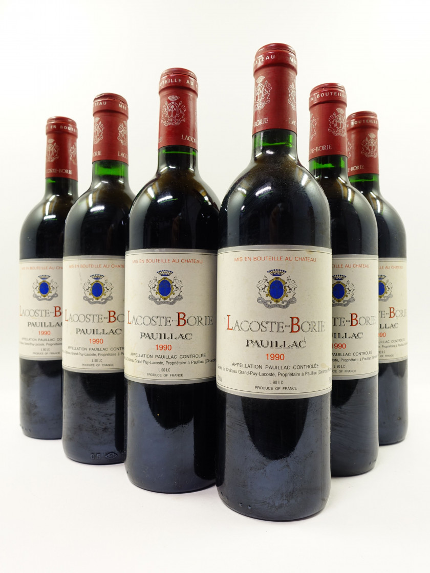6 bouteilles CHÂTEAU LACOSTE BORIE 1990 Pauillac (étiquettes tachées)