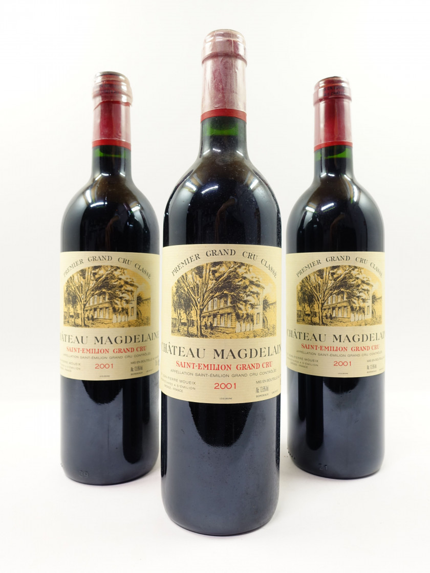 6 bouteilles CHÂTEAU MAGDELAINE 2001 1er GCC (B) Saint Emilion (étiquettes fanées) Caisse bois d'origine (cassée)