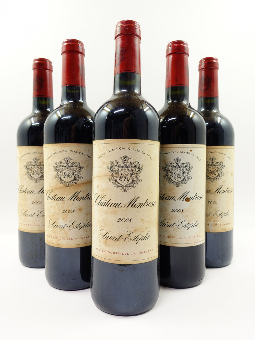 5 bouteilles CHÂTEAU MONTROSE 2008 2è GC Saint Estèphe (étiquettes très abimées par l'humidité)