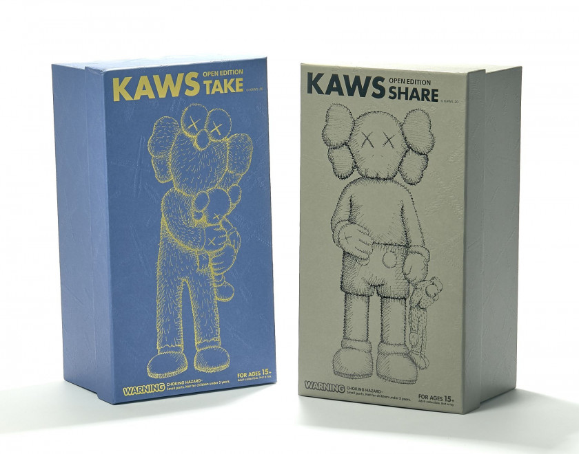 KAWS (Américain - Né en 1974) Share - 2020; Take- 2020 Lot de deux vinyles peints