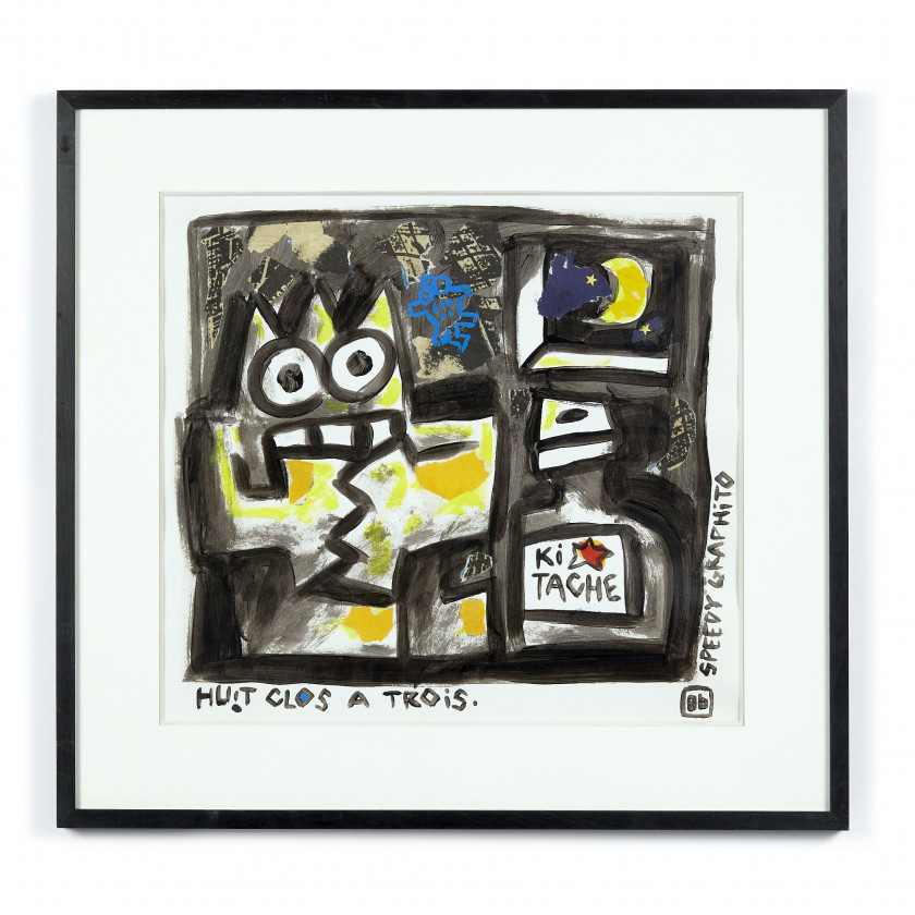 SPEEDY GRAPHITO (Français - Né en 1961) Huit Clos à trois - 1986 Acrylique et collage sur papier