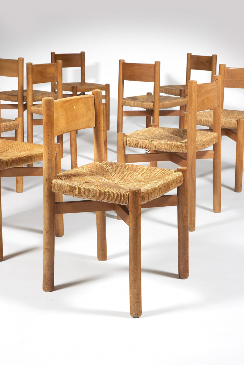 Charlotte PERRIAND 1903-1999 Suite de dix chaises dites «Meribel» - le modèle créé circa 1960