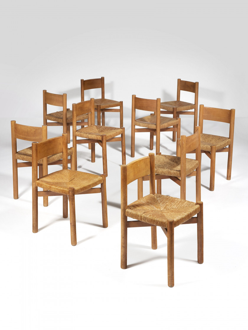 Charlotte PERRIAND 1903-1999 Suite de dix chaises dites «Meribel» - le modèle créé circa 1960