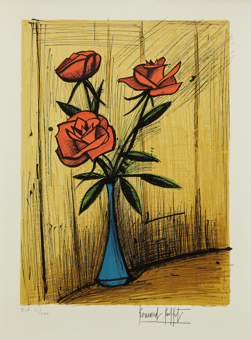 Bernard BUFFET (Paris, 1928- Tourtour, 1999) Trois Roses dans un vase - 1980 Lithographie en 7 couleurs