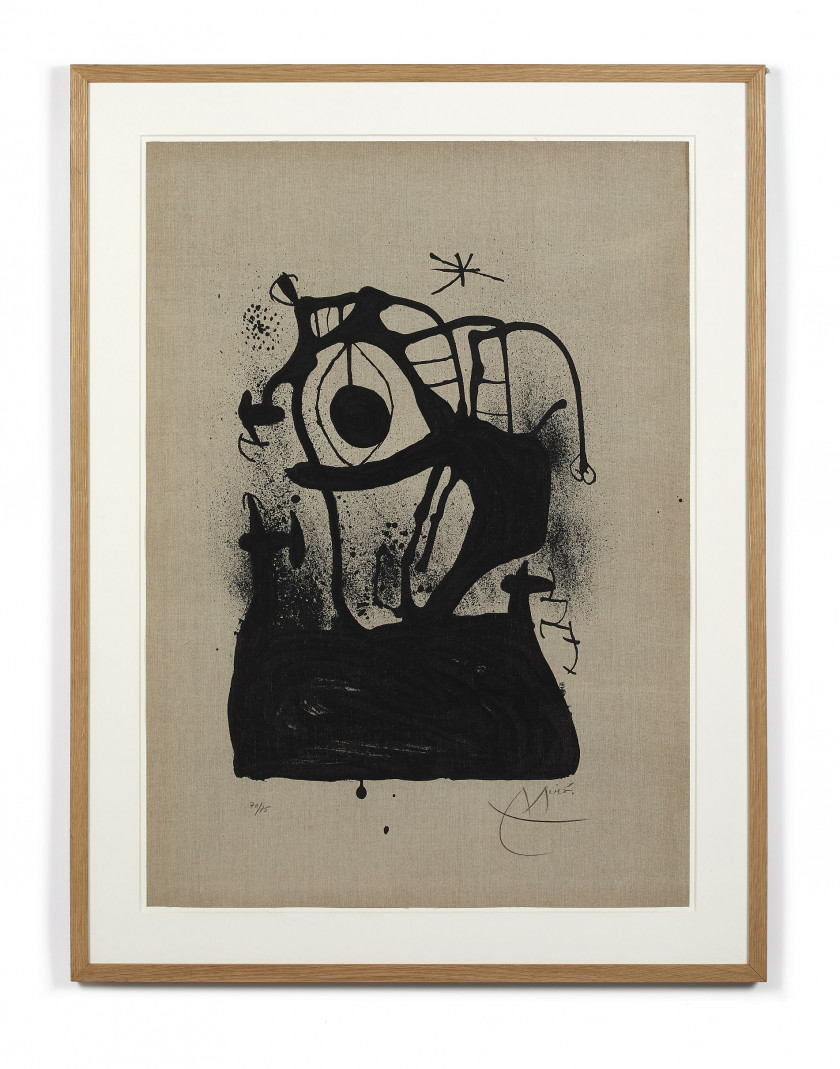 Joan MIRO (Espagnol - 1893 - 1983) Le magnétiseur sur toile- 1969 Lithographie en noir imprimée sur toile