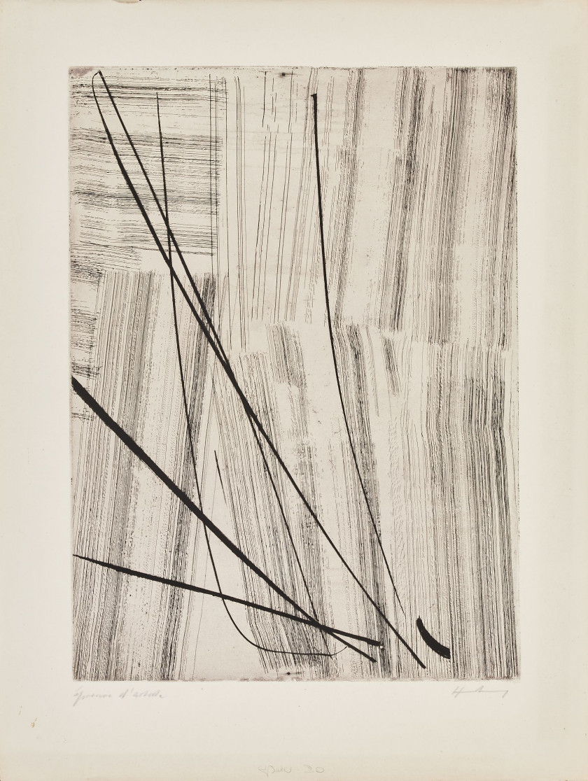 Hans HARTUNG (1904 - 1989) Gravure 20 - 1953 Eau-forte en noir sur fond mauve