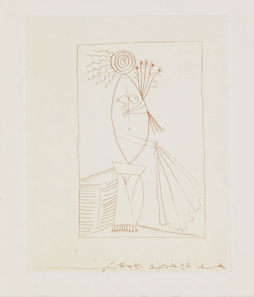 Pablo PICASSO (Espagnol - 1881-1973) La Torera - 1944 - 3 variantes de couleur Pointe-sèche en noir, orange ou bleu, signée et datée...