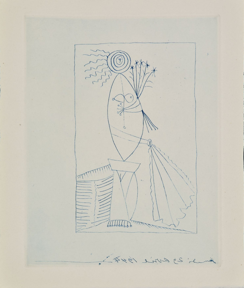 Pablo PICASSO (Espagnol - 1881-1973) La Torera - 1944 - 3 variantes de couleur Pointe-sèche en noir, orange ou bleu, signée et datée...