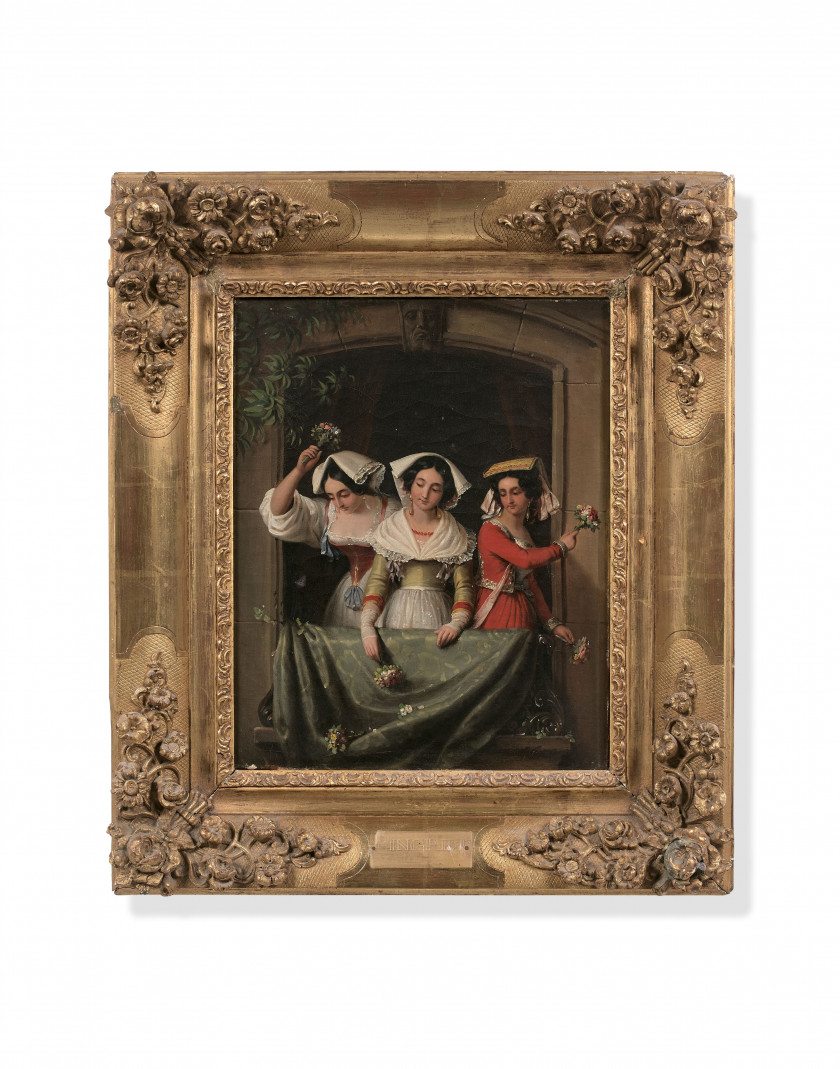 Edouard PINGRET Saint-Quentin,1785 - Paris,1869 Deux scènes de balcons : La joyeuse troupe au théâtre et Les trois lanceuses de bouq...