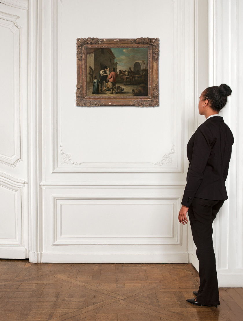 Le Maître aux Béguins Actif vers 1640 - 1660 Carriole et figures à l'entrée d'un village Huile sur toile
