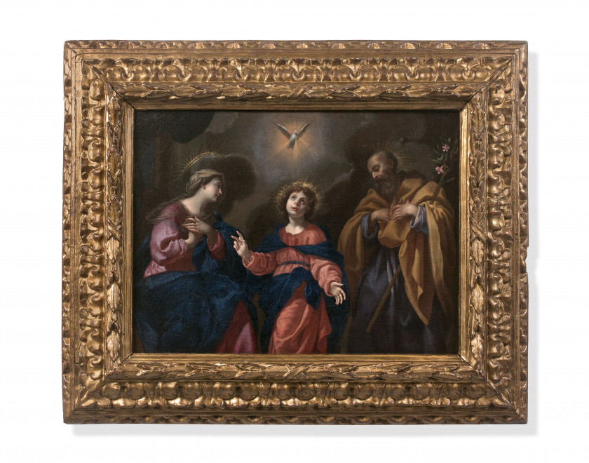 Carlo DOLCI Florence, 1616 - 1686 La Sainte Famille avec la colombe du Saint Esprit Huile sur toile (Toile d'origine)