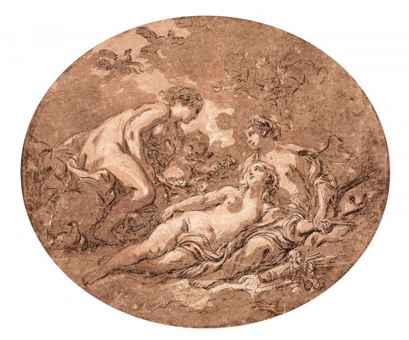 François BOUCHER Paris, 1703 - 1770 Les trois Grâces et l'Amour Plume et encre noire, lavis brun et rehauts de blanc, de forme ovale