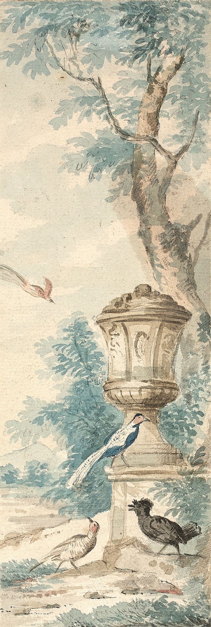 Aert SCHOUMAN Dordrecht, 1710 - La Haye, 1792 Oiseaux exotiques au pied de vases sculptés dans des paysages Paires d'aquarelles sur...