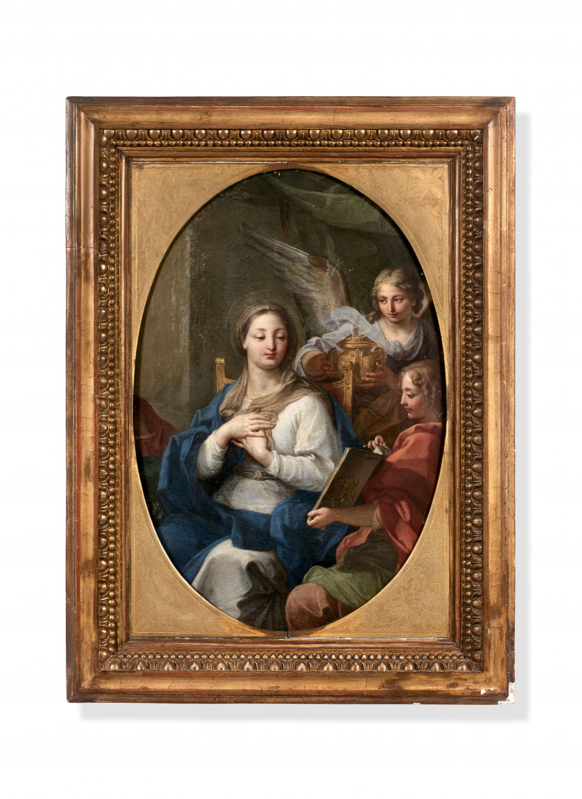 Attribué à Giuseppe Bartolomeo CHIARI Rome, 1654 - 1727 La Vierge lisant entourée d'anges Huile sur toile de forme ovale