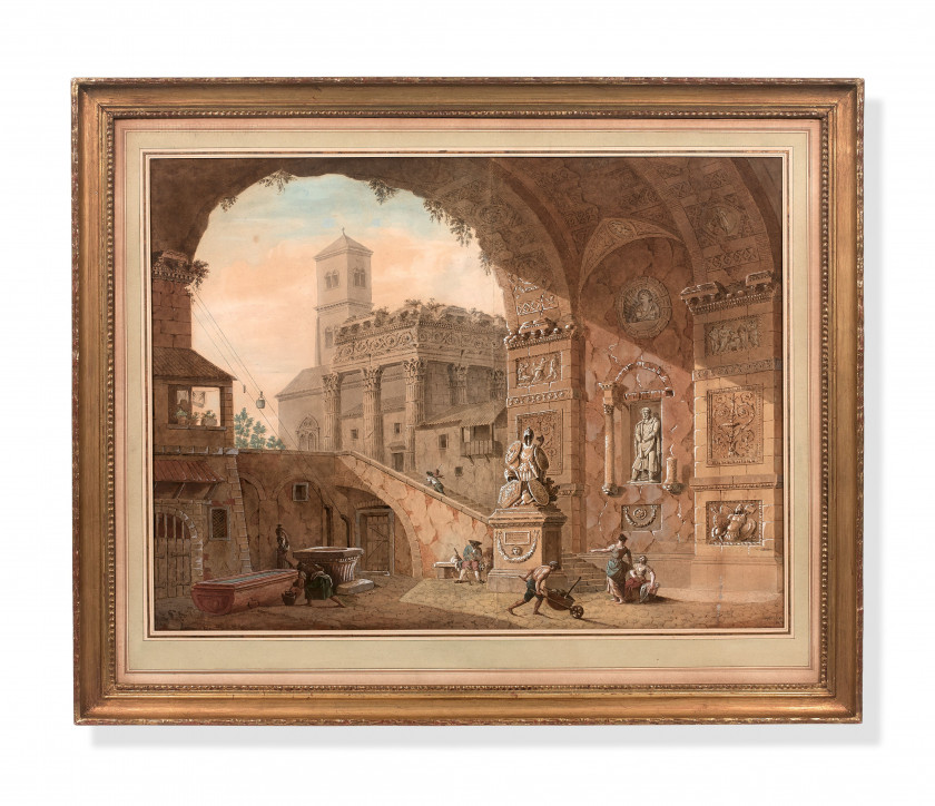 Charles-Louis CLÉRISSEAU Paris, 1721 - Auteuil, 1820 Caprice de ruines antiques Aquarelle gouachée sur traits de plume et encre et d...