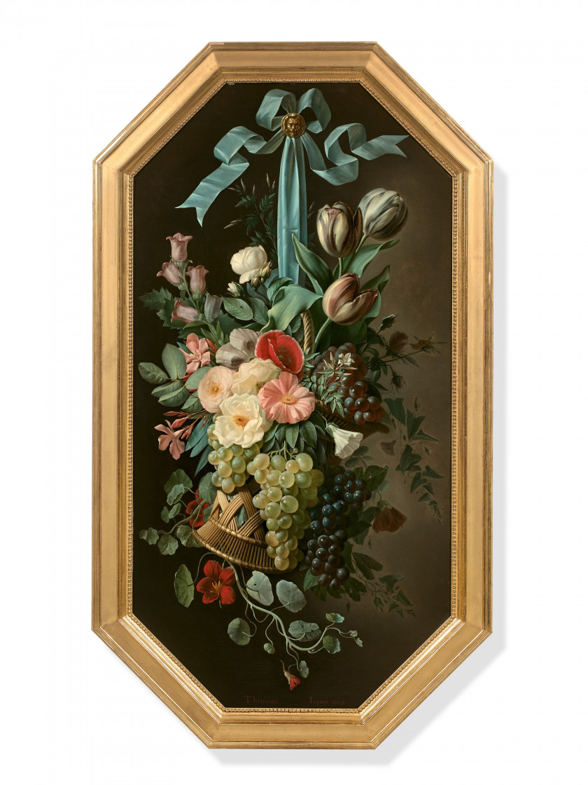 Augustin-Alexandre THIERRIAT Lyon, 1789 - 1870 Corbeille de fruits et de fleurs suspendue à un ruban Huile sur toile, de forme octog...