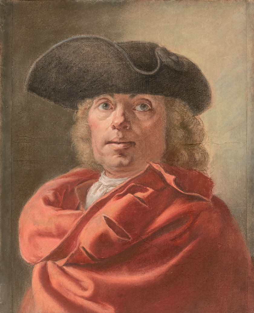 Antoine RIVALZ Toulouse, 1667 - 1735 Autoportrait au tricorne et au drapé rouge Pastel