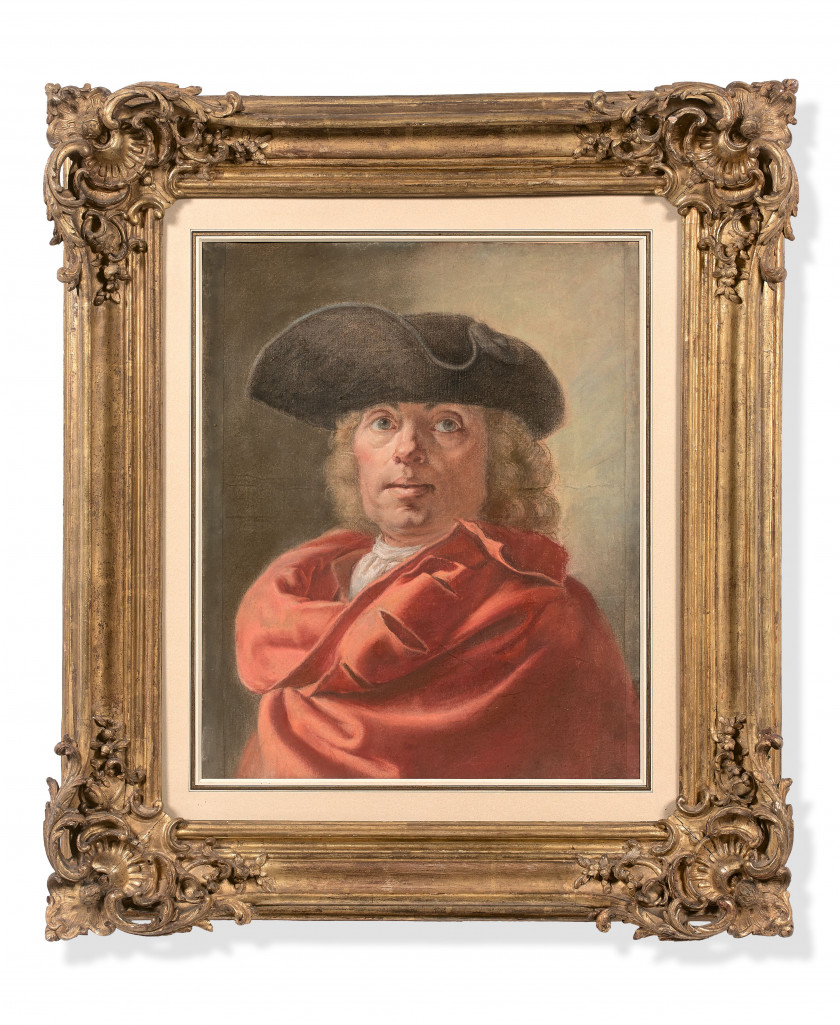 Antoine RIVALZ Toulouse, 1667 - 1735 Autoportrait au tricorne et au drapé rouge Pastel
