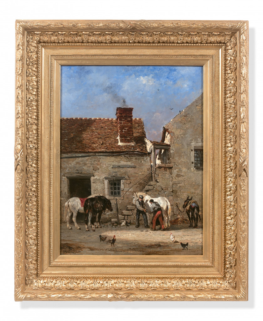 Jules-Jacques VEYRASSAT Paris, 1828 - 1893 Maréchal-ferrant dans une cour de ferme Huile sur toile (Toile d'origine)