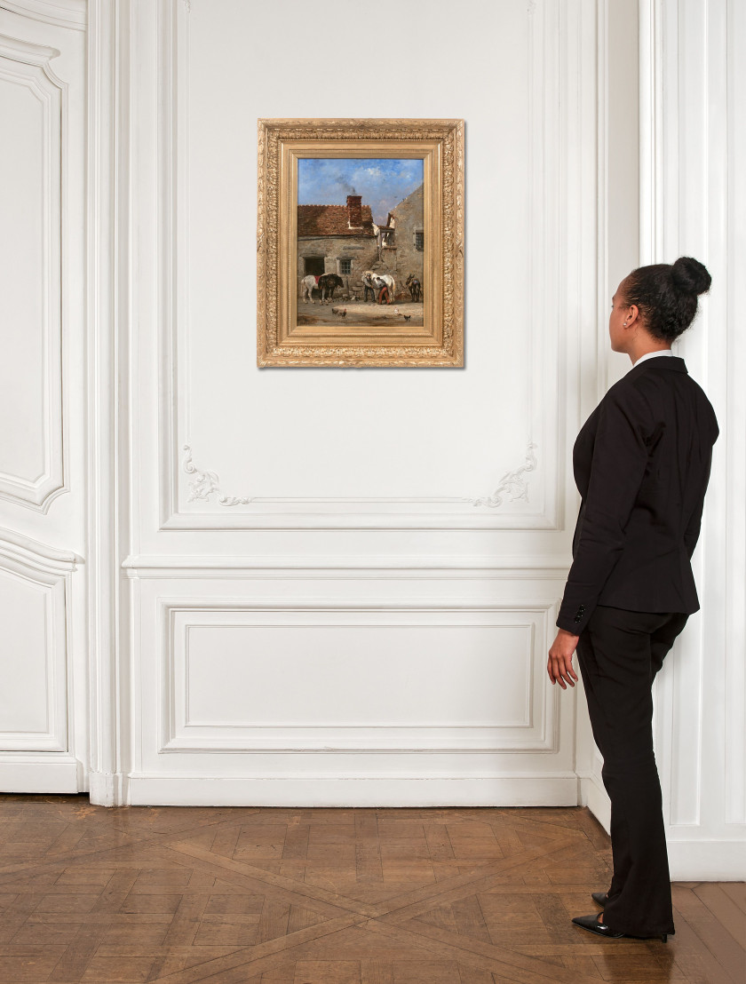 Jules-Jacques VEYRASSAT Paris, 1828 - 1893 Maréchal-ferrant dans une cour de ferme Huile sur toile (Toile d'origine)