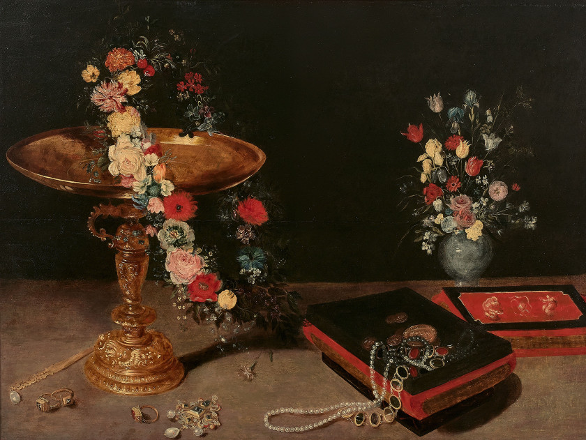 Ecole flamande du XVIIe siècle Atelier de Jan Brueghel le Jeune Composition à la tazza, fleurs et coffret à bijoux Huile sur panneau...