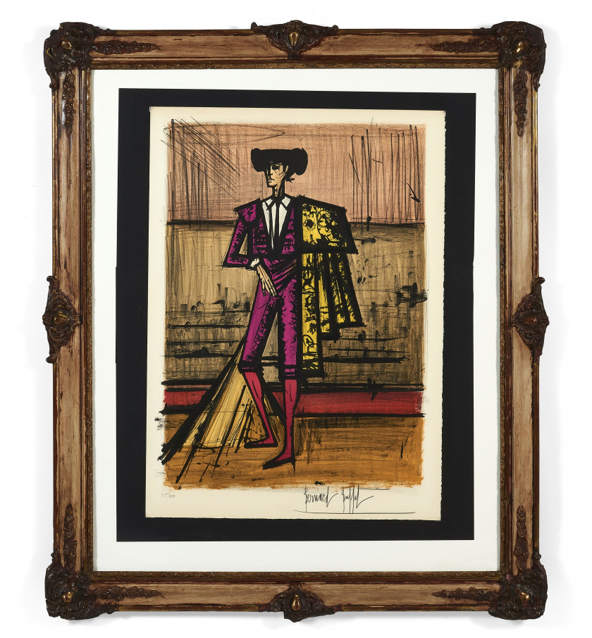 Bernard BUFFET (Paris, 1928- Tourtour, 1999) Toréro (costume violet )- 1966 Planche de tête de l'album " Toréros " Lithographie en 9..