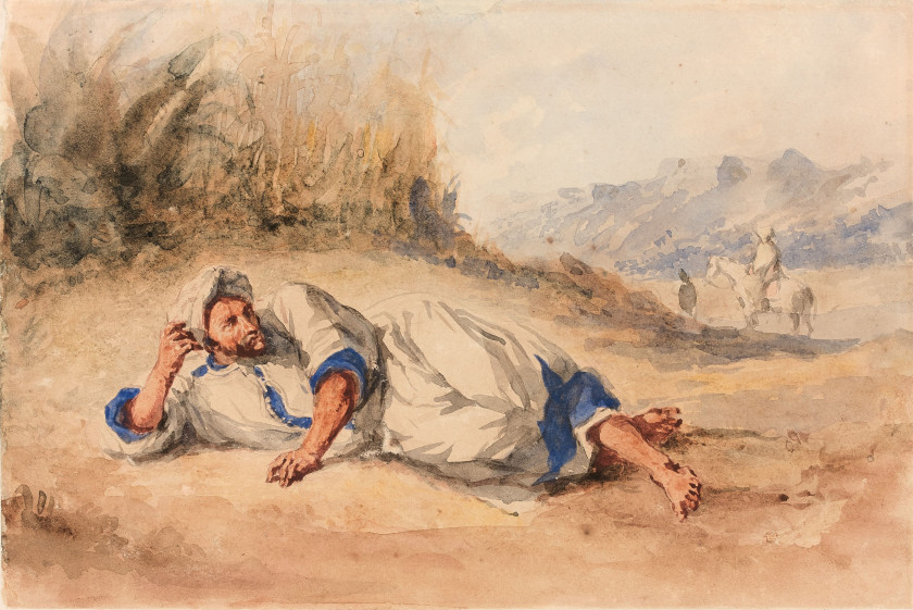 Eugène DELACROIX Charenton-Saint-Maurice, 1798 - Paris, 1863 Arabe étendu par terre dans la campagne Aquarelle sur trait de crayon