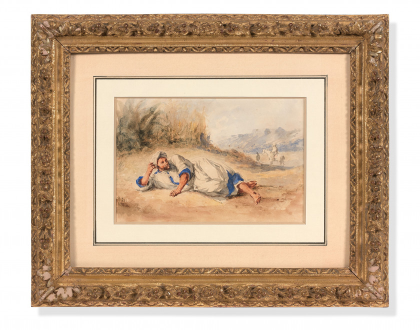 Eugène DELACROIX Charenton-Saint-Maurice, 1798 - Paris, 1863 Arabe étendu par terre dans la campagne Aquarelle sur trait de crayon