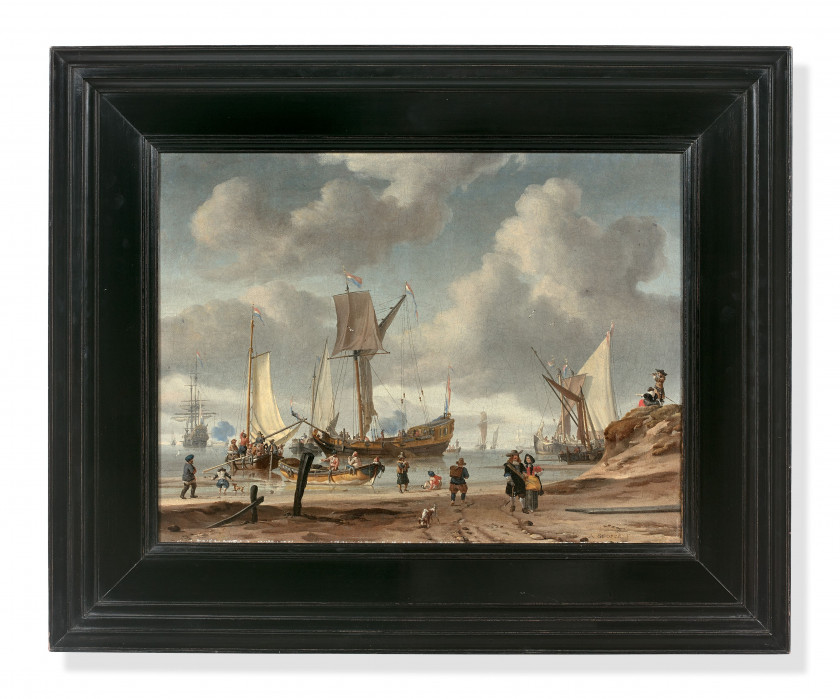 Abraham STORCK Amsterdam, 1644 - 1708 Scène de plage animée de personnages Huile sur toile