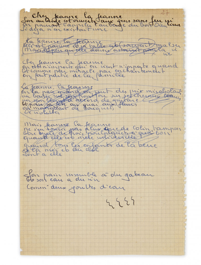 BRASSENS (Georges)  Manuscrit autographe pour la chanson "Jeanne"