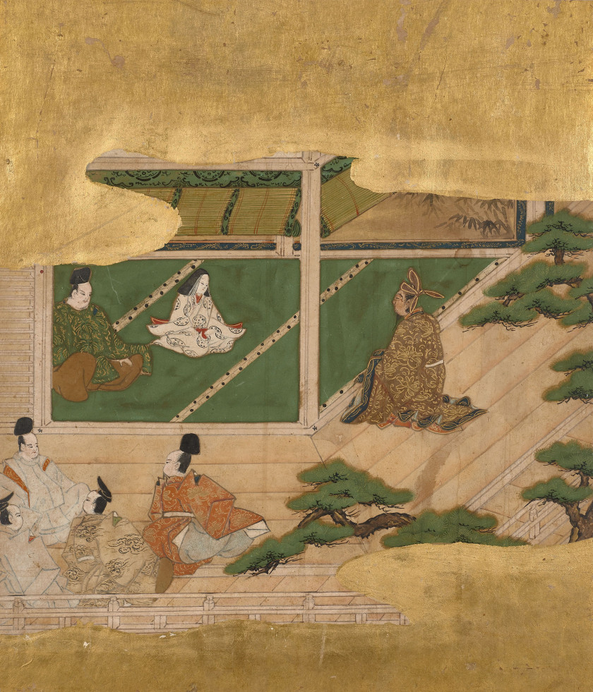 DEUX PEINTURES À L'ENCRE ET COULEUR SUR PAPIER À FOND OR, Japon, XIXe siècle