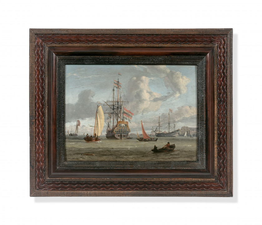 Abraham STORCK Amsterdam, 1644 - 1708 Grand navire de la couronne du Danemark près d'un littoral Huile sur panneau de chêne, une pla..