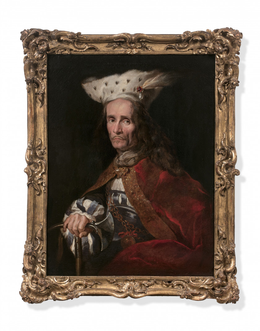 Ecole italienne du XVIIe siècle  Portrait d'homme à la toque d'hermine tenant une hache, probablement un prince hongrois Huile sur t.