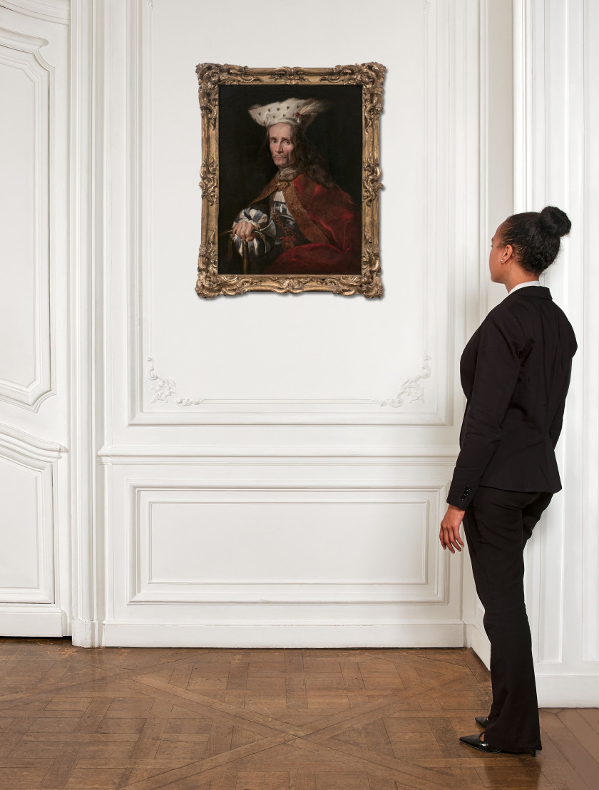 Ecole italienne du XVIIe siècle  Portrait d'homme à la toque d'hermine tenant une hache, probablement un prince hongrois Huile sur t.
