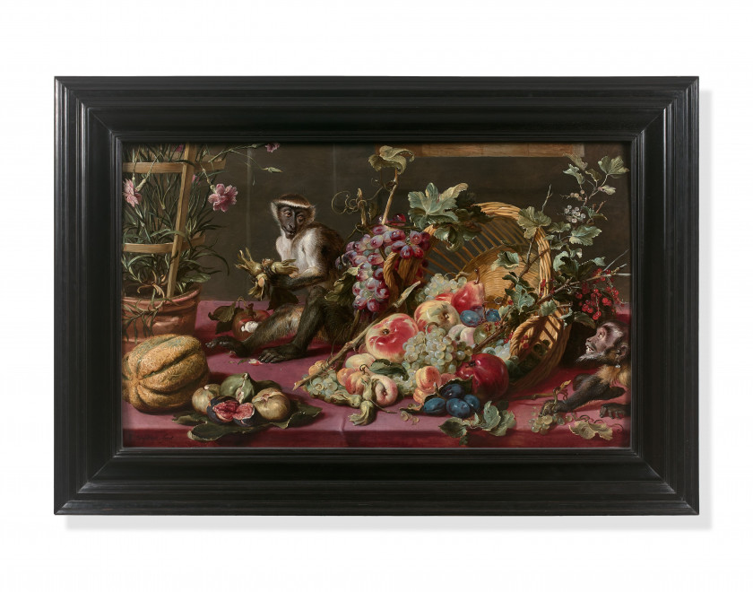 Frans SNYDERS Anvers, 1579 - 1657 Singes près d'une corbeille de fruits Panneau de chêne, trois planches