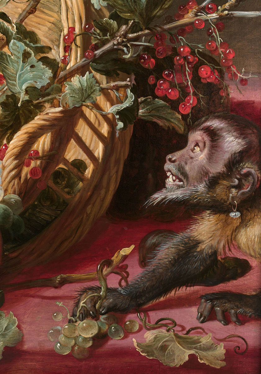 Frans SNYDERS Anvers, 1579 - 1657 Singes près d'une corbeille de fruits Panneau de chêne, trois planches