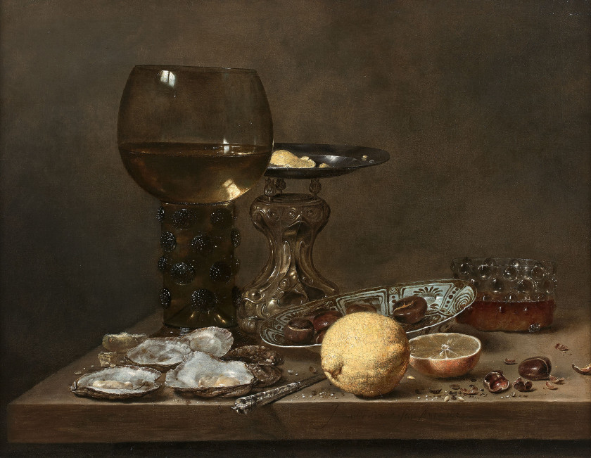 Jan Jansz. van de VELDE III Haarlem, 1620 - Enkhuizen, 1662 Plat d'huîtres, citrons, châtaignes et römer sur un entablement Toile