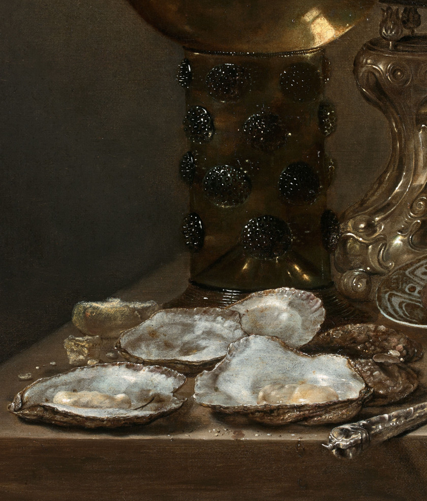 Jan Jansz. van de VELDE III Haarlem, 1620 - Enkhuizen, 1662 Plat d'huîtres, citrons, châtaignes et römer sur un entablement Toile